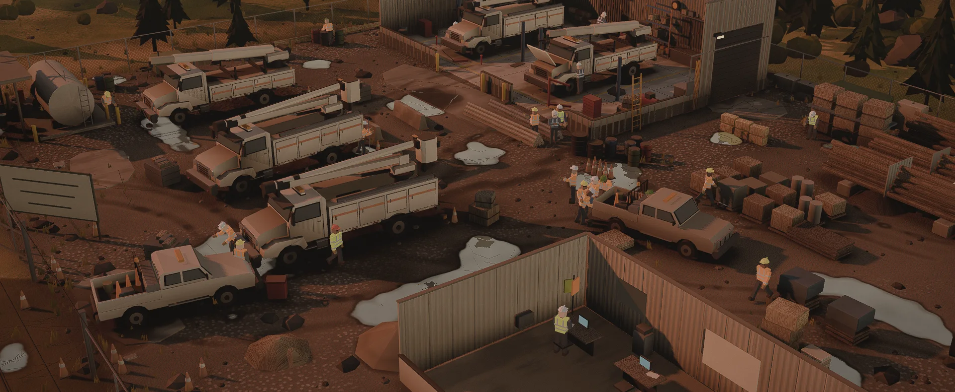 A fenced line yard: bucket trucks in the shop bays, pole stacks, a crew in the mud.