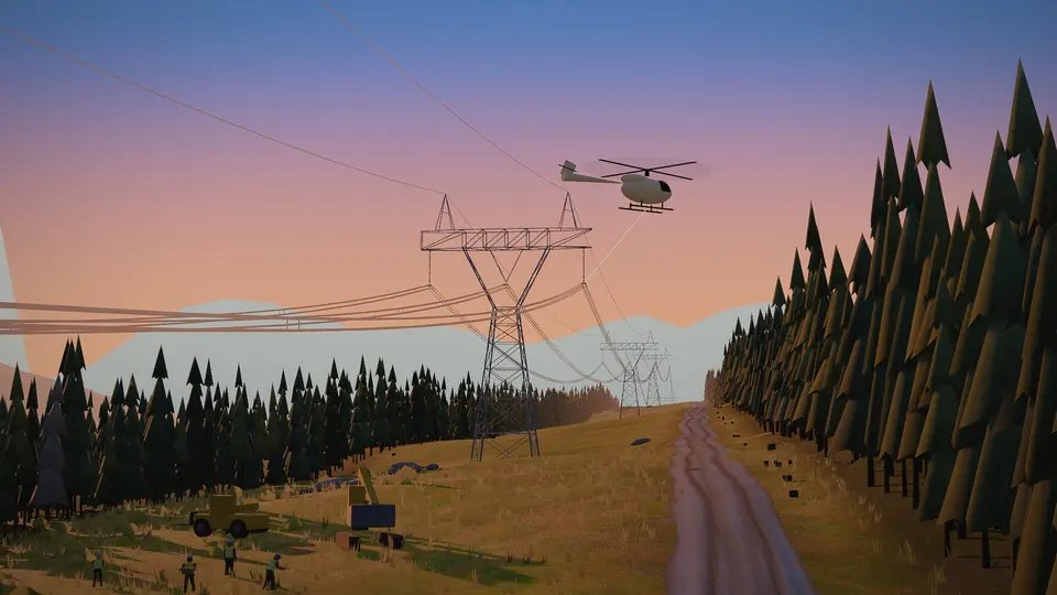 A helicopter holding a line at a tower.