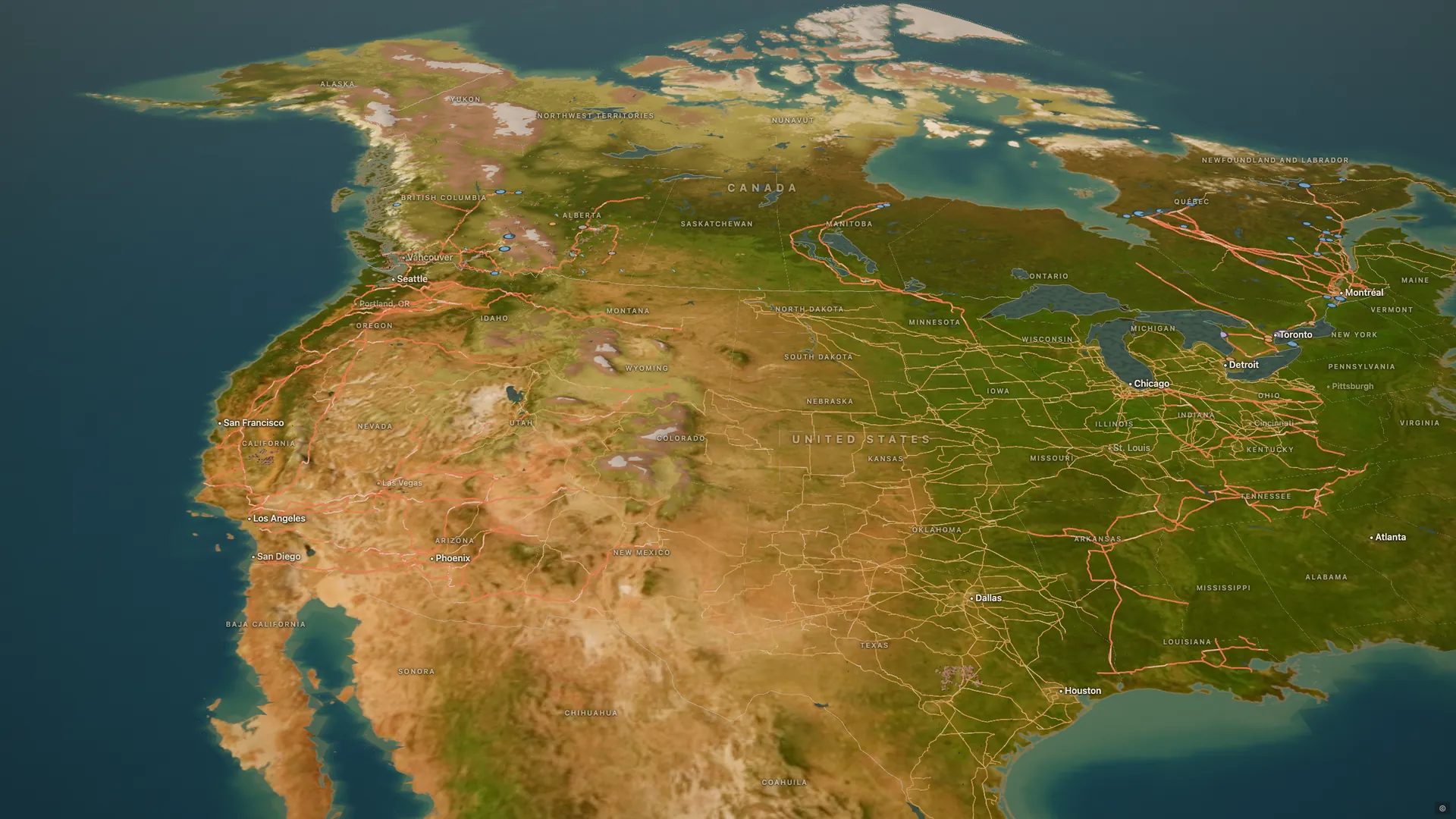 North America in shaded relief with the real power grid drawn over it