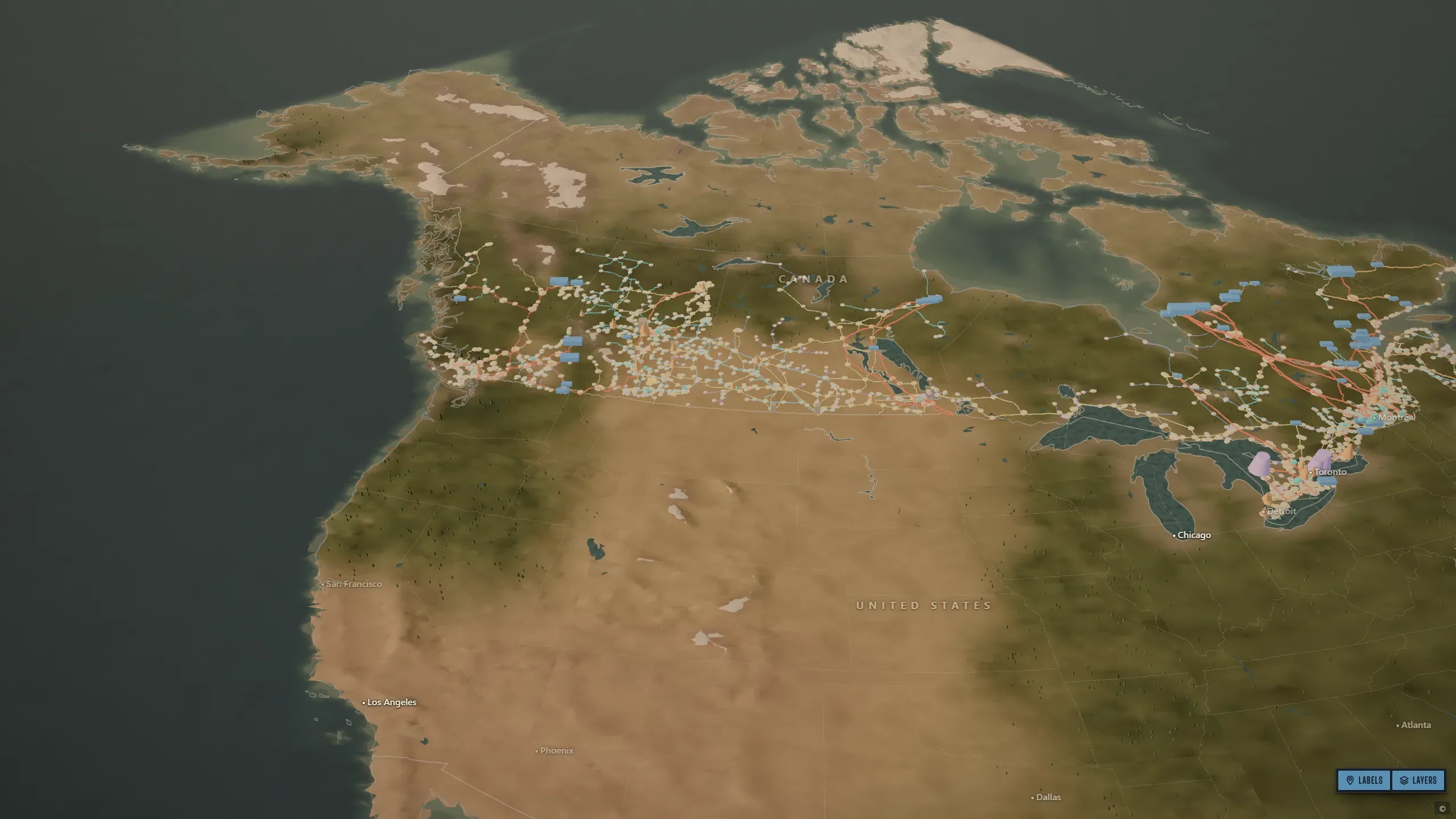 North America with the real power grid lit up over terrain