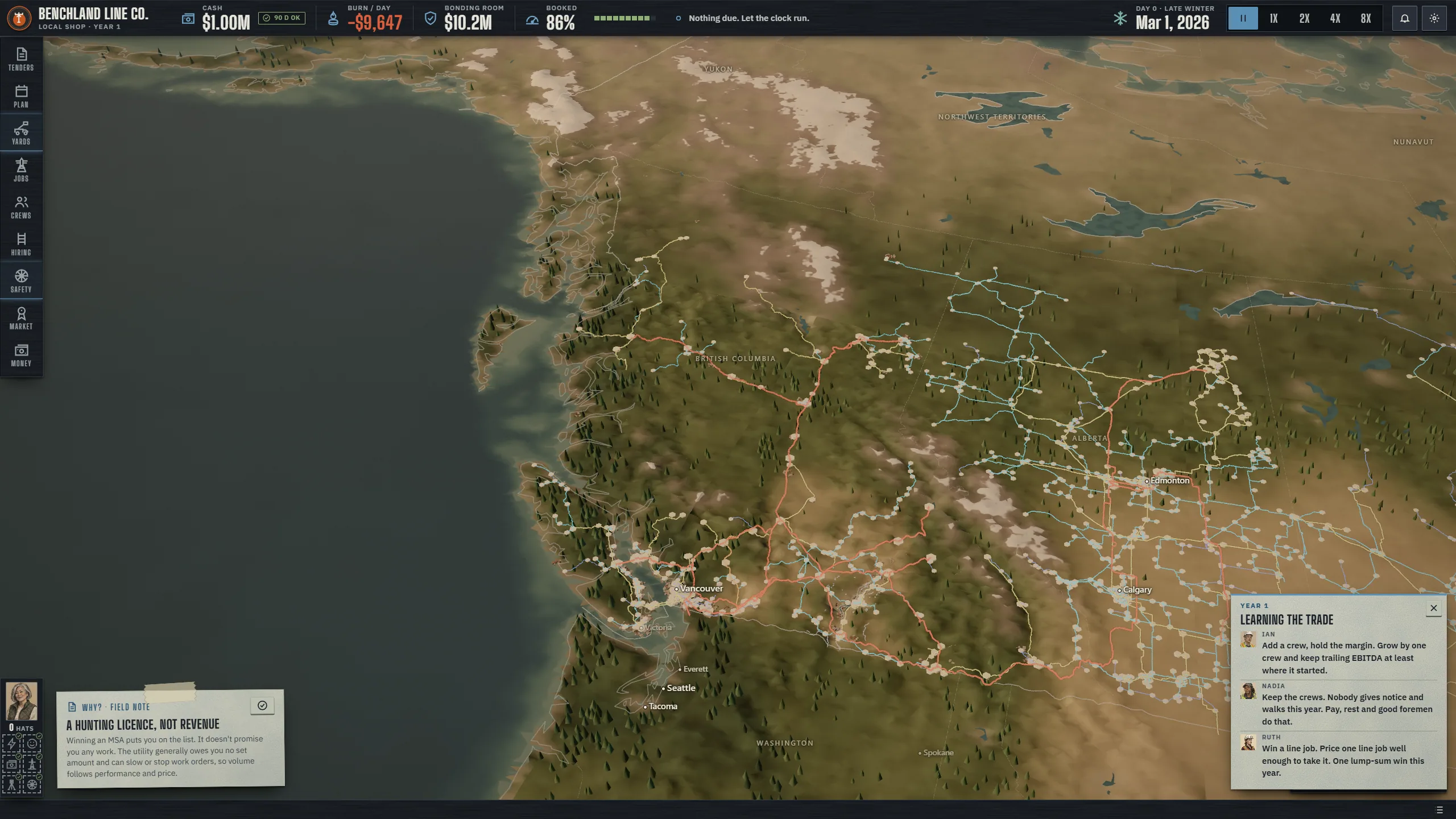 The game map over British Columbia and Alberta with the power grid drawn on it, the company bar across the top.