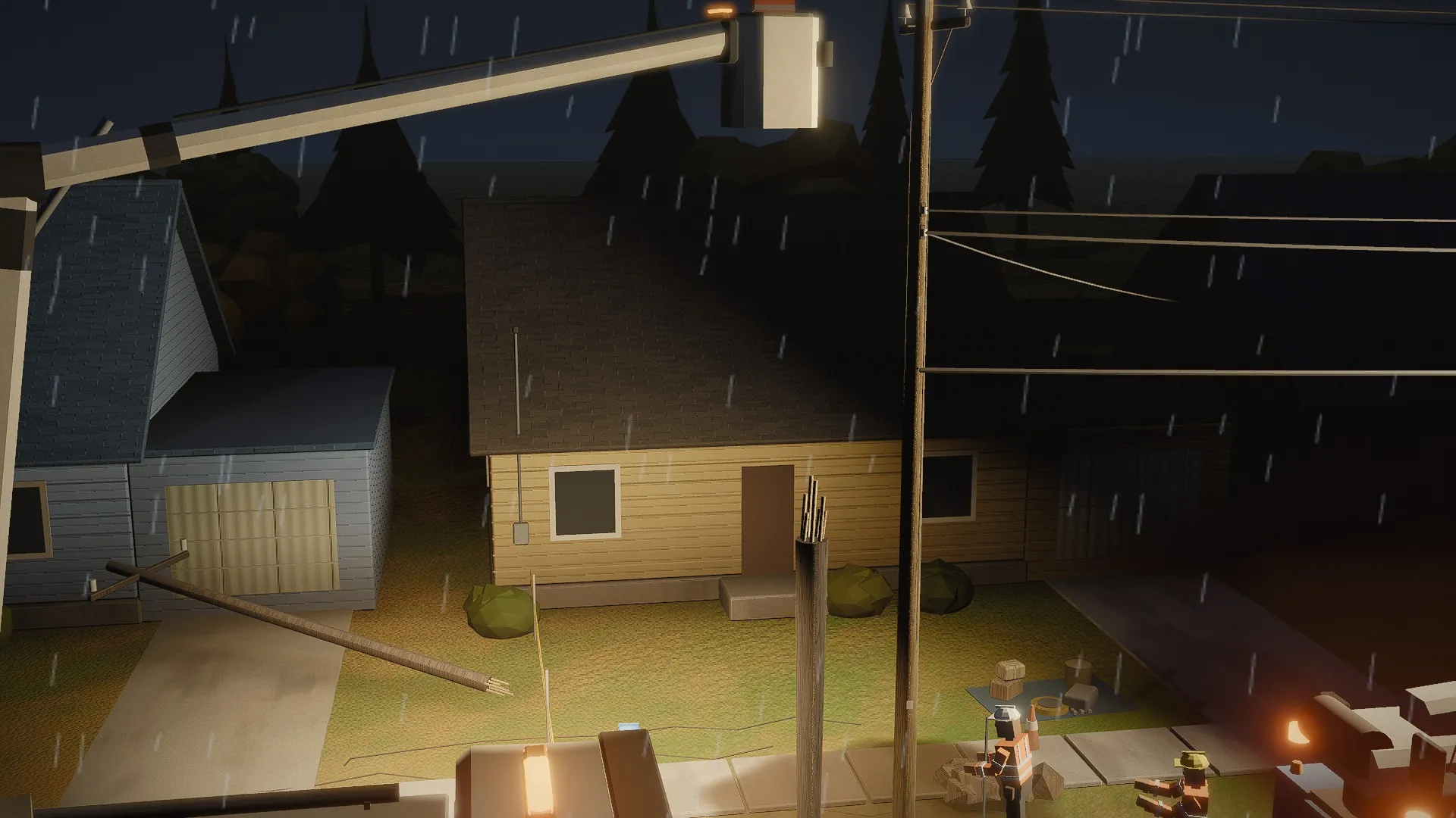 A storm callout at night: rain, a broken pole down across a yard, a bucket truck under its work lights.