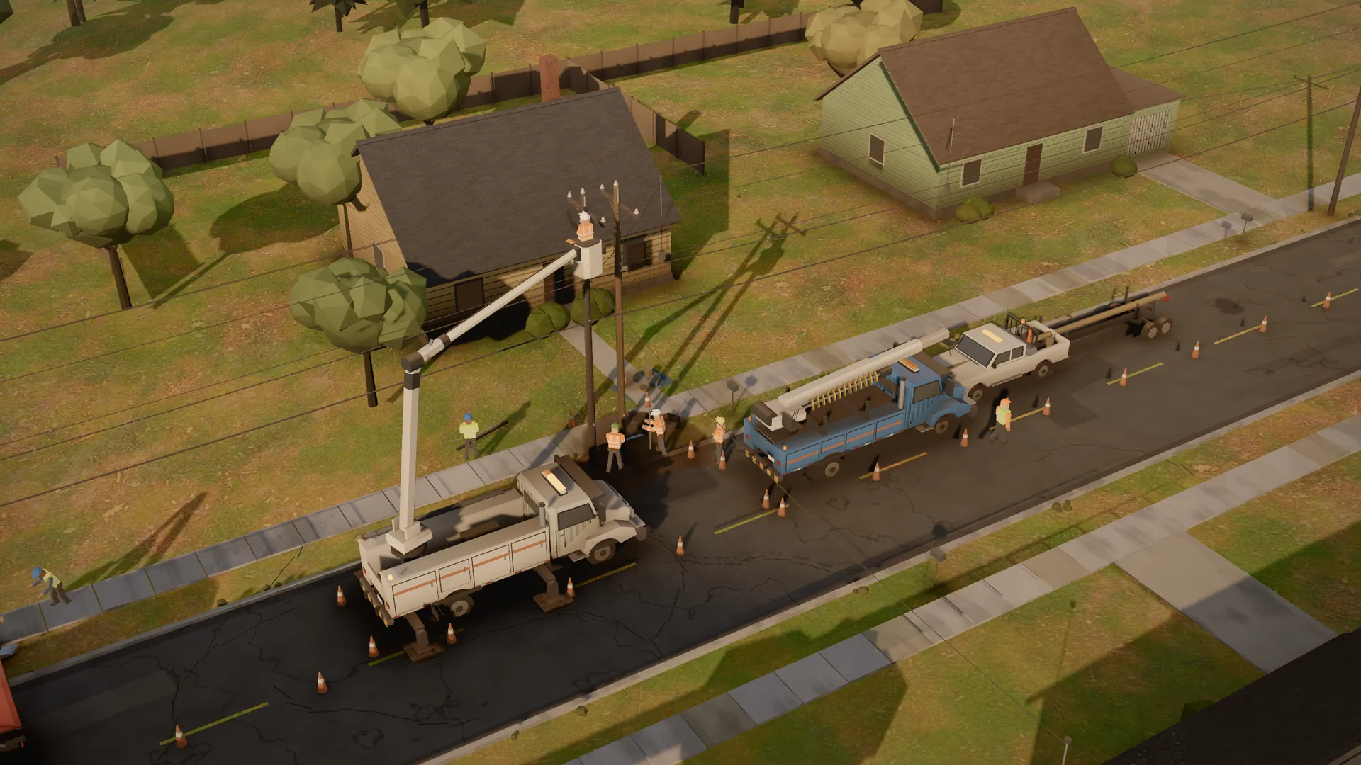 A pole change on a residential street in summer: bucket trucks, crew, cones.