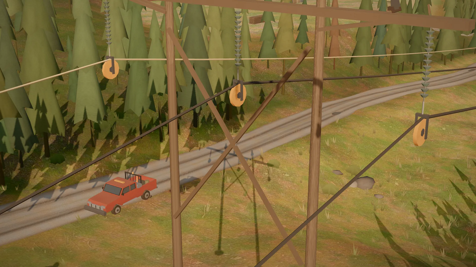 A wood H-frame structure on a transmission job, mid-pull: stringing blocks hung under the insulator strings with the pulling line and new conductors running through them, a crew pickup on the right-of-way road below.