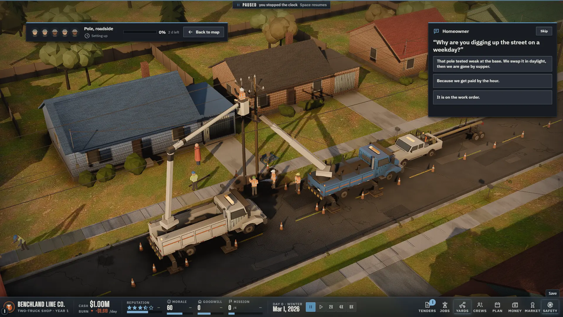 Watching a pole change on a residential street: a homeowner asks why the street is dug up, with three answers to pick from.
