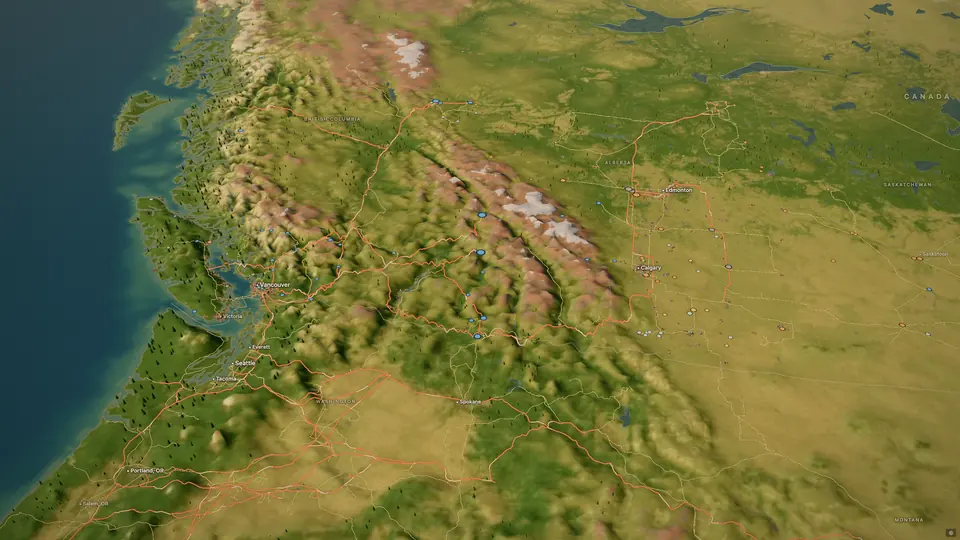 The western mountains in shaded relief with the real transmission grid in the valleys.