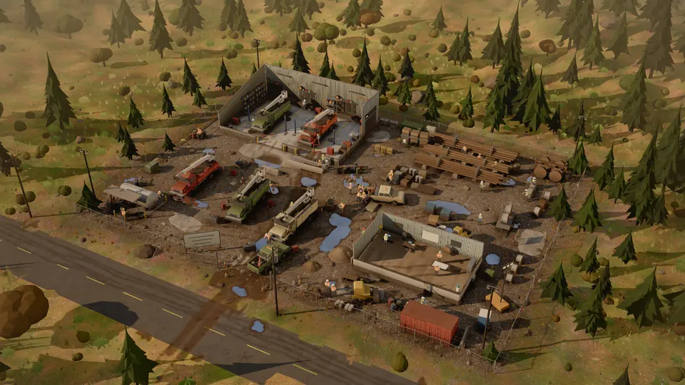 The line yard: bucket trucks, pole stacks and a crew in the mud.